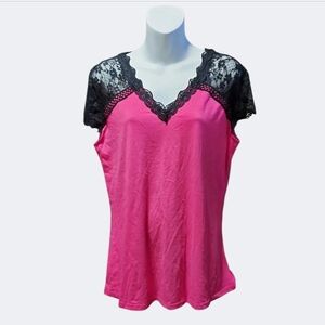 NWT OUGES Hot Pink Cap Sleeve Top with Black Lace Trim Size Large